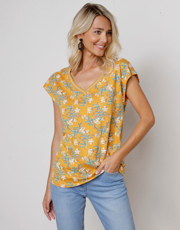 Tee-shirt épaules tombantes imprimé tropical (safran / kaki) Tee-shirt épaules tombantes imprimé tropical (safran / kaki)