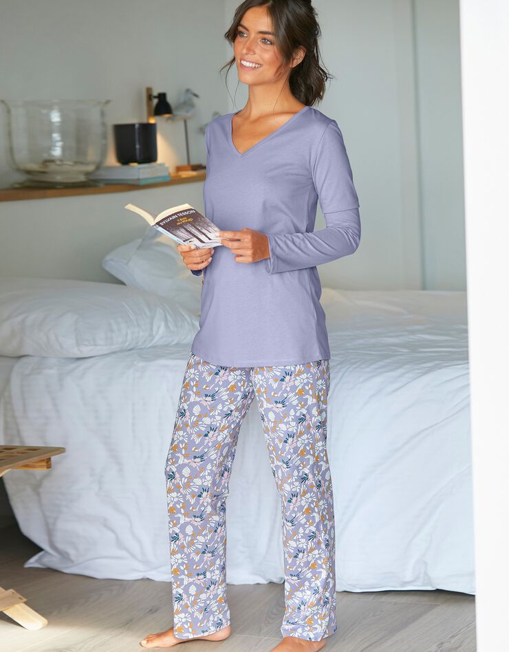 Pantalon pyjama coton imprimé "pétales" (parme / écru) Pantalon pyjama coton imprimé "pétales" (parme / écru)