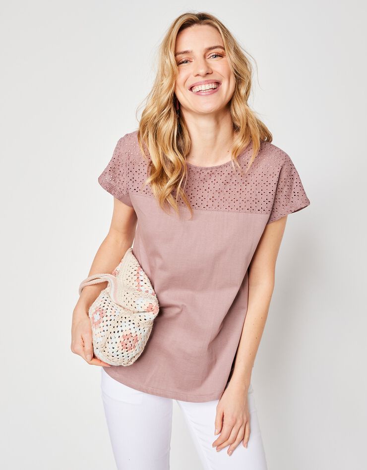 Tee-shirt broderie anglaise manches courtes (taupe)