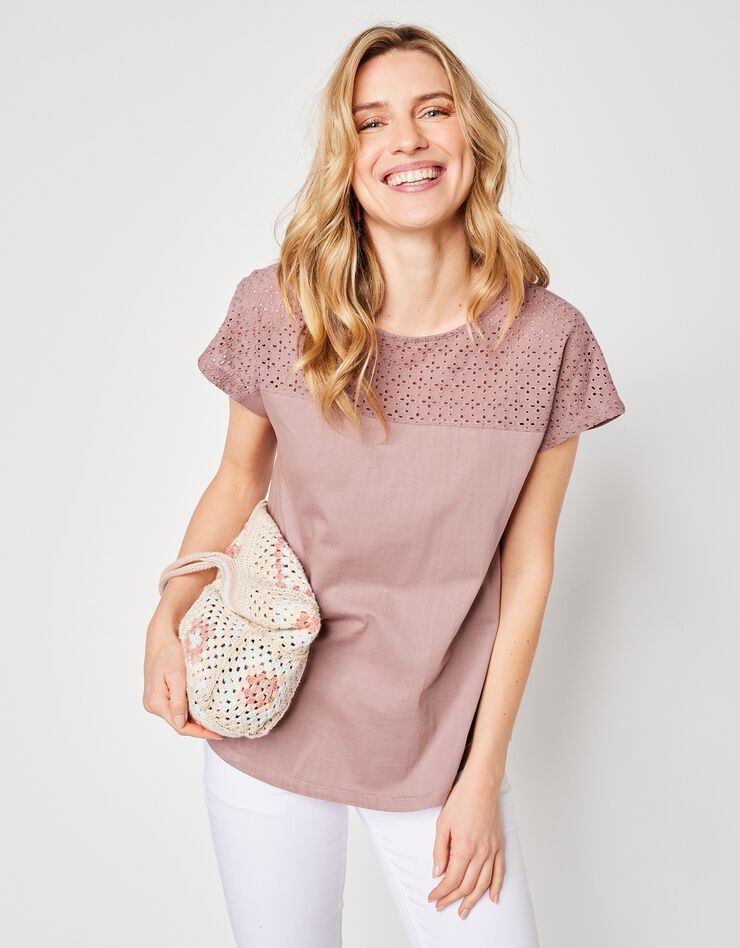 Tee-shirt broderie anglaise manches courtes (taupe) Tee-shirt broderie anglaise manches courtes (taupe)