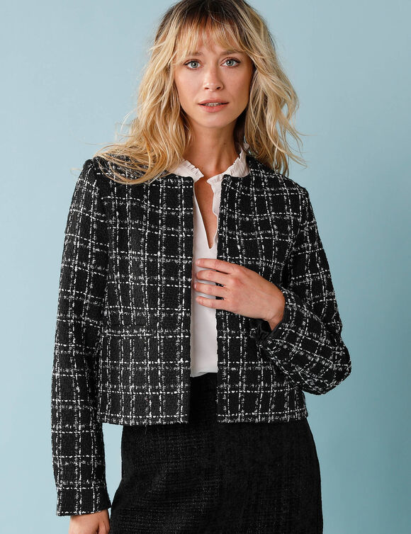 Veste tweed sp&eacute;cial Petites manches longues &agrave; carreaux (noir)