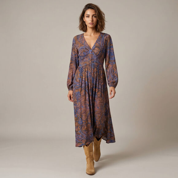 Robe longue col V, cr&eacute;pon imprim&eacute; fleurs indiennes (chocolat / bleu)