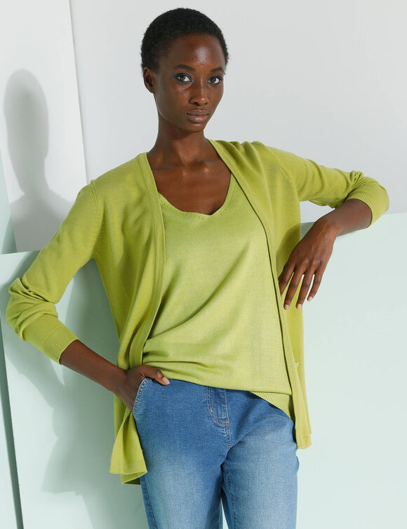 Gilet porter ouvert, maille toucher doux (vert mousse)