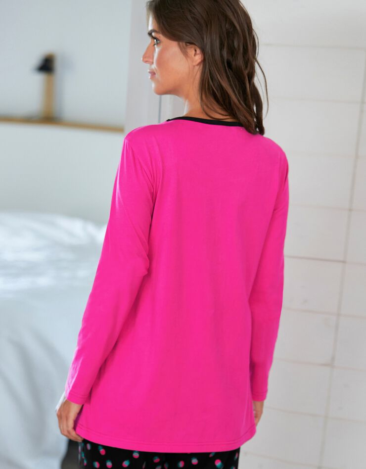 Tee-shirt manches longues coton uni imprimé placé "Enjoy" (fuchsia) Tee-shirt manches longues coton uni imprimé placé "Enjoy" (fuchsia)