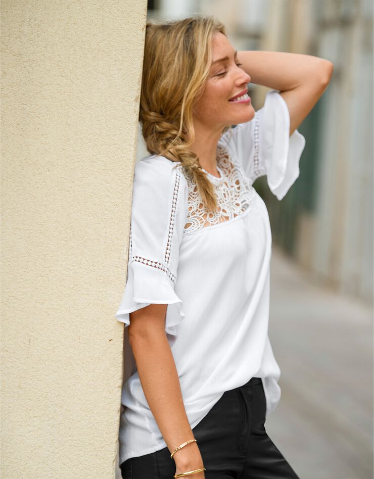 Blouse plastron macramé, crépon (écru) Blouse plastron macramé, crépon (écru)