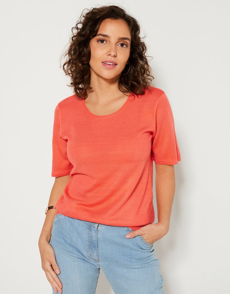 Pull uni manches courtes toucher cachemire (corail) Pull uni manches courtes toucher cachemire (corail)