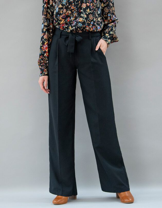 Pantalon large fluide, taille ceinturée, uni   (noir)