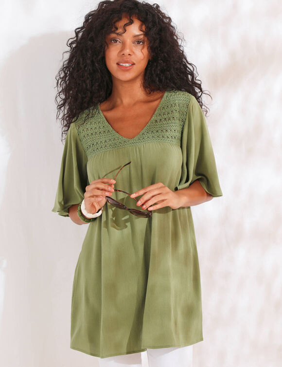 Tunique longue, col V macram&eacute; (kaki)