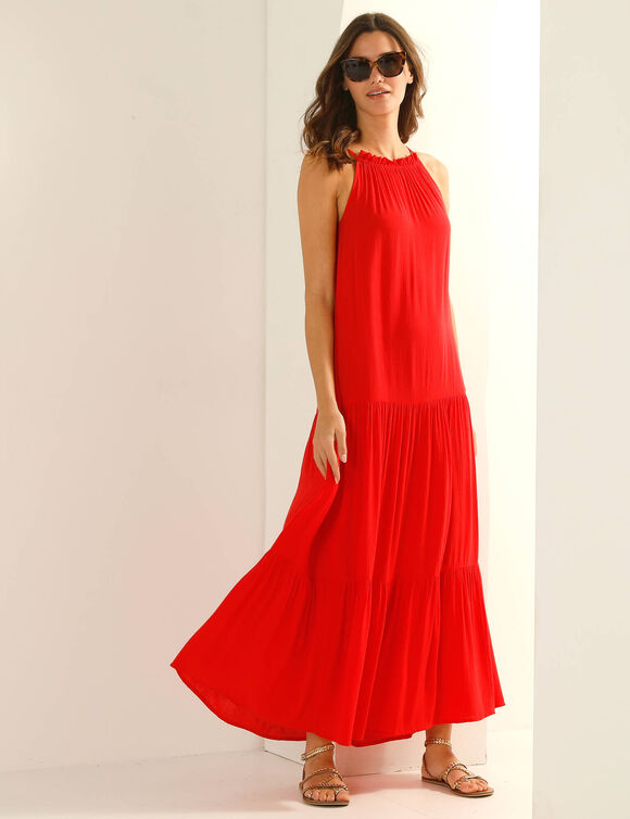 Robe aux fines bretelles, cr&eacute;pon fluide (rouge)
