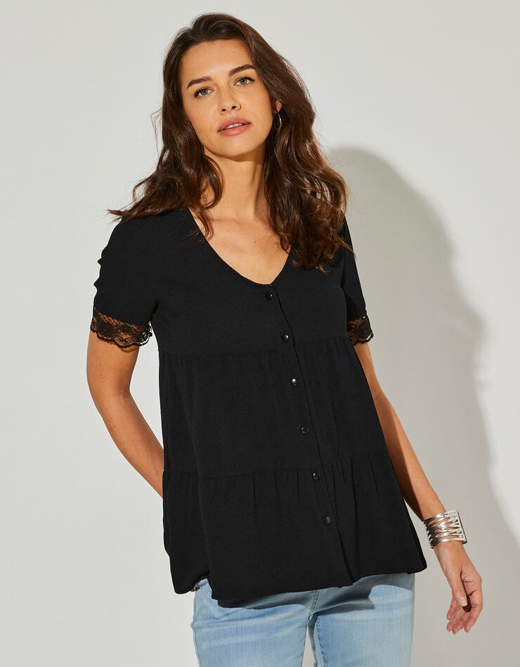 Blouse boutonnée volantée unie (noir) Blouse boutonnée volantée unie (noir)
