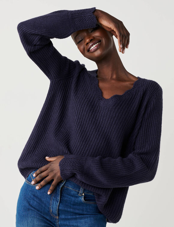 Pull col V, maille anglaise (marine)
