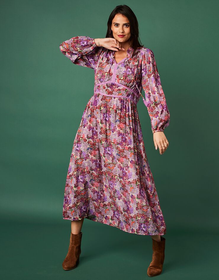 Robe longue fluide imprimée (écru / parme)