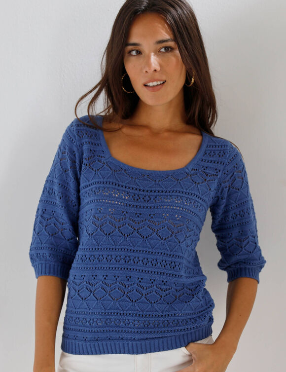 Pull col carr&eacute; uni, maille ajour&eacute;e (bleu gris&eacute;)