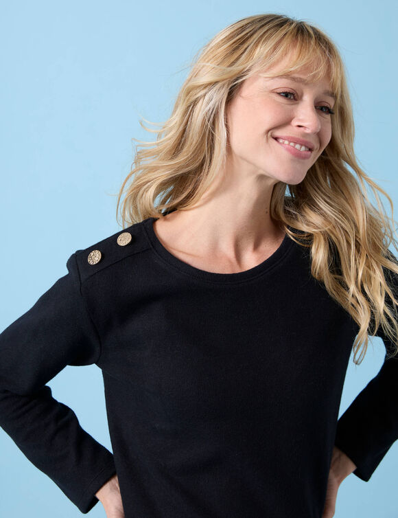 T-shirt Spécial Petites uni, détails boutons sur l'épaule, maille grattée (noir)