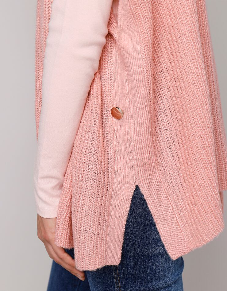 Pull poncho zippé manches courtes fentes boutonnées (rose poudré) Pull poncho zippé manches courtes fentes boutonnées (rose poudré)