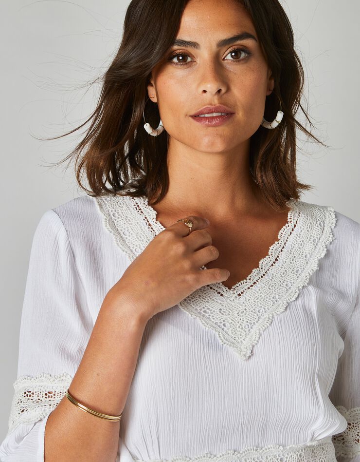 Robe courte macramé unie, crépon (écru)