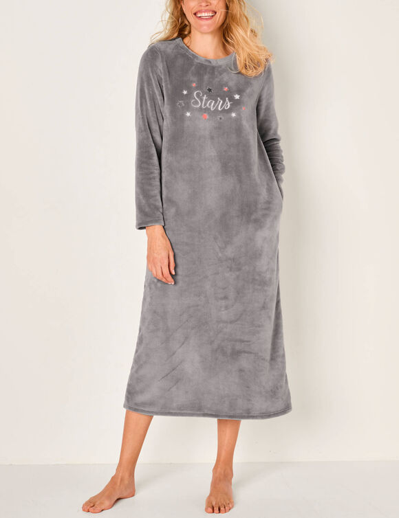 Chemise de nuit longue broderies &eacute;toiles, maille polaire (gris)