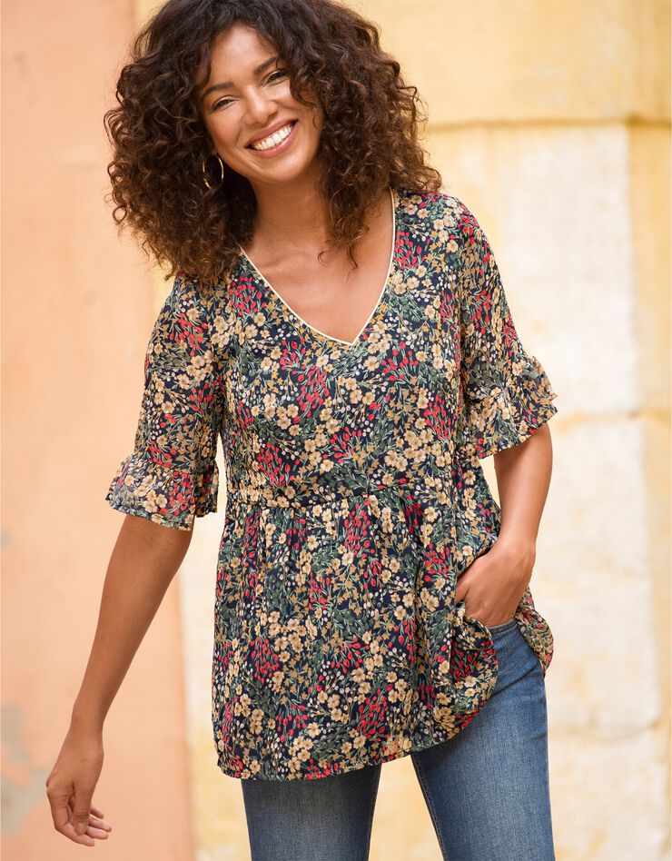 Blouse col V biais doré imprimé fleuri, plumetis (marine / curry) Blouse col V biais doré imprimé fleuri, plumetis (marine / curry)