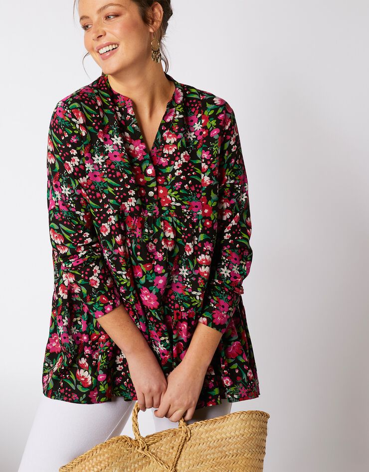 Blouse ample manches longues imprimé floral (noir / rose) Blouse ample manches longues imprimé floral (noir / rose)