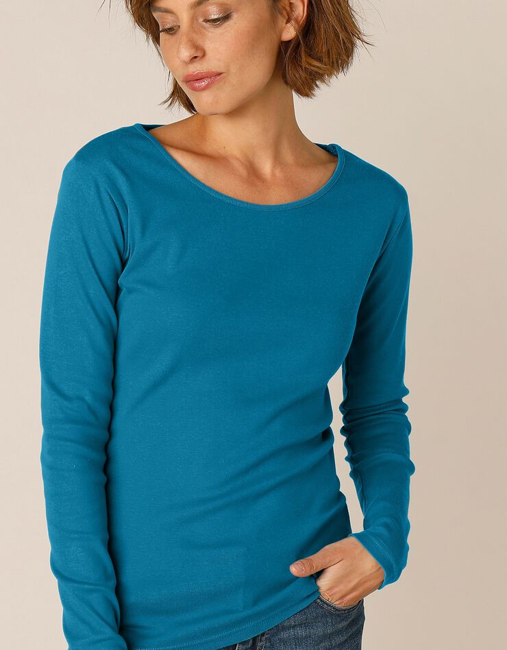 Tee-shirt uni manches longues jersey coton bio (bleu paon) Tee-shirt uni manches longues jersey coton bio (bleu paon)