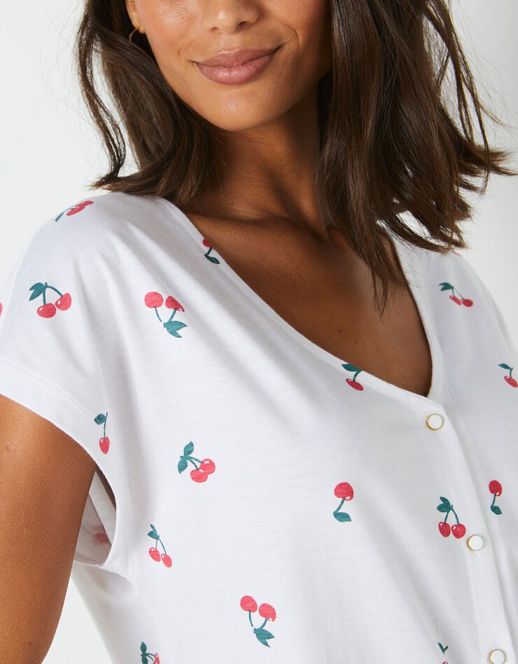 Tee-shirt col V boutonné imprimé cerises, spécial petites (blanc) Tee-shirt col V boutonné imprimé cerises, spécial petites (blanc)