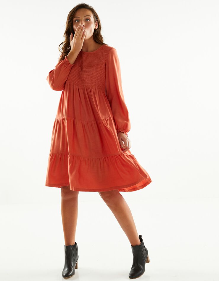 Robe smockée manches longues unie (paprika) Robe smockée manches longues unie (paprika)