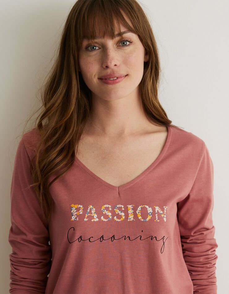 Tee-shirt pyjama manches longues imprimé "passion cocooning" (bois de rose)
