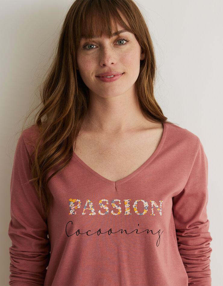 Tee-shirt pyjama manches longues imprimé "passion cocooning" (bois de rose) Tee-shirt pyjama manches longues imprimé "passion cocooning" (bois de rose)