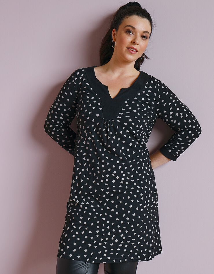Tunique col tunisien évasée imprimée (noir / beige) Tunique col tunisien évasée imprimée (noir / beige)