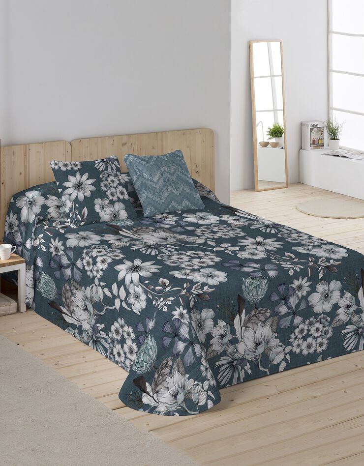Couvre-lit matelassé imprimé Fleurs (bleu / blanc)