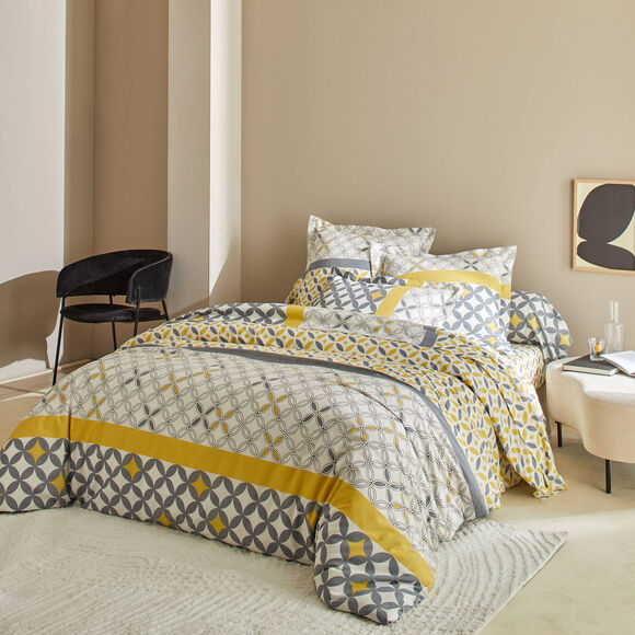 Linge de lit Marlow motifs g&eacute;om&eacute;triques - coton 57 fils/cm&sup2; (gris / jaune)