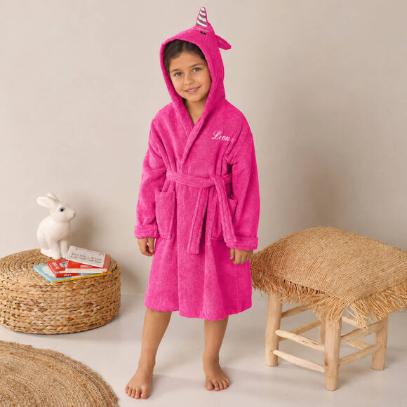 Peignoir de bain enfant personnalis&eacute; licorne &agrave; capuche (fuchsia)