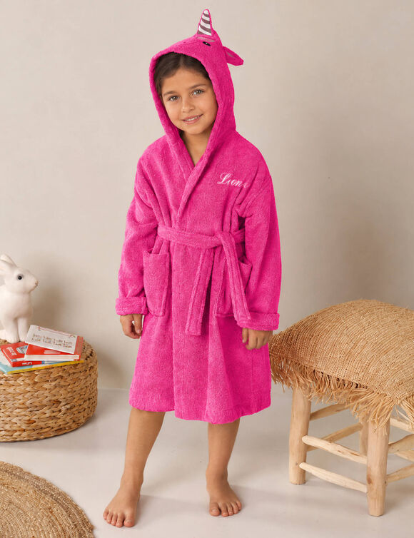Peignoir de bain enfant personnalis&eacute; licorne &agrave; capuche (fuchsia)