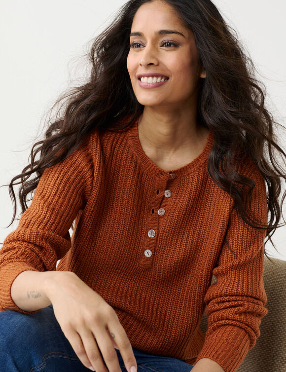 Pull col tunisien &agrave; boutons paillet&eacute;s, maille anglaise (caramel)
