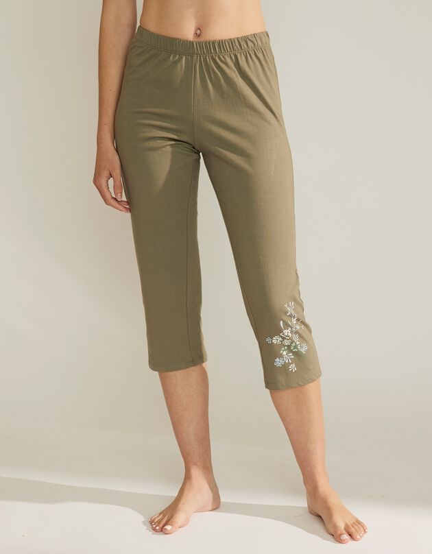 Pantacourt de pyjama imprimé placé fleurs (kaki foncé)