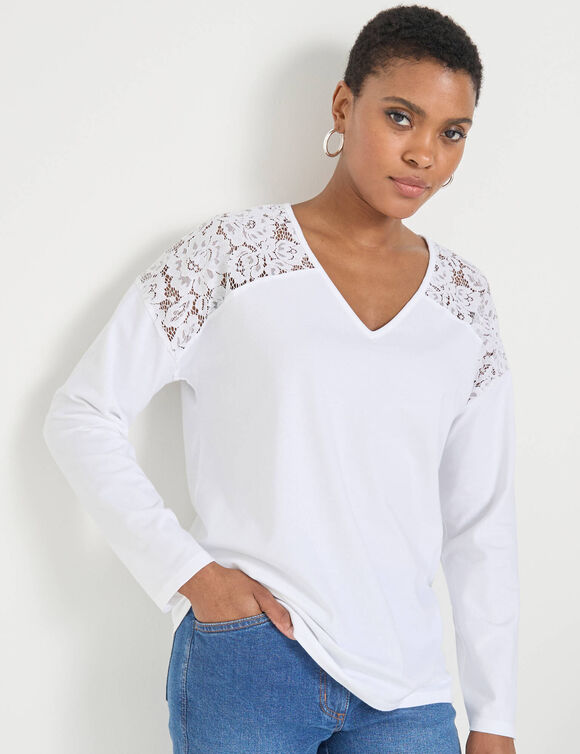T-shirt col V manches longues dentelle (blanc)