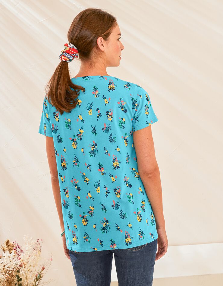 Tee-shirt col rond imprimé fleuri coton (turquoise)