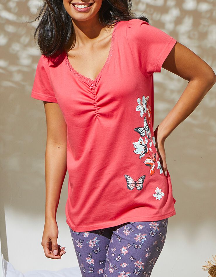 T-shirt pyjama manches courtes imprimé placé papillons (corail)