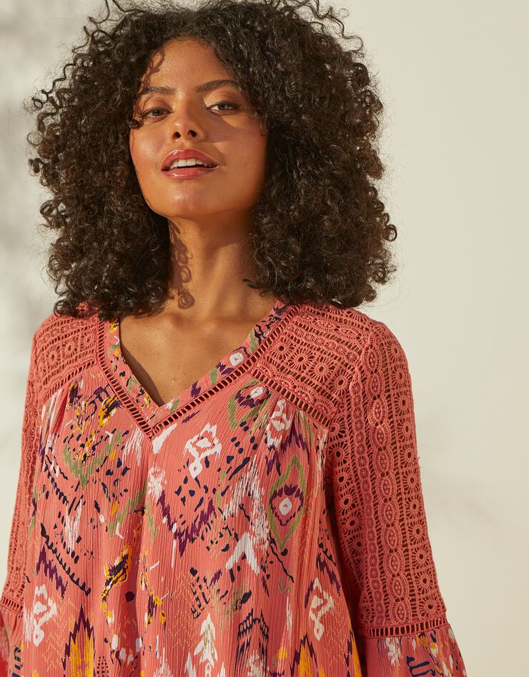 Tunique imprimée ample, détails macramé (corail) Tunique imprimée ample, détails macramé (corail)