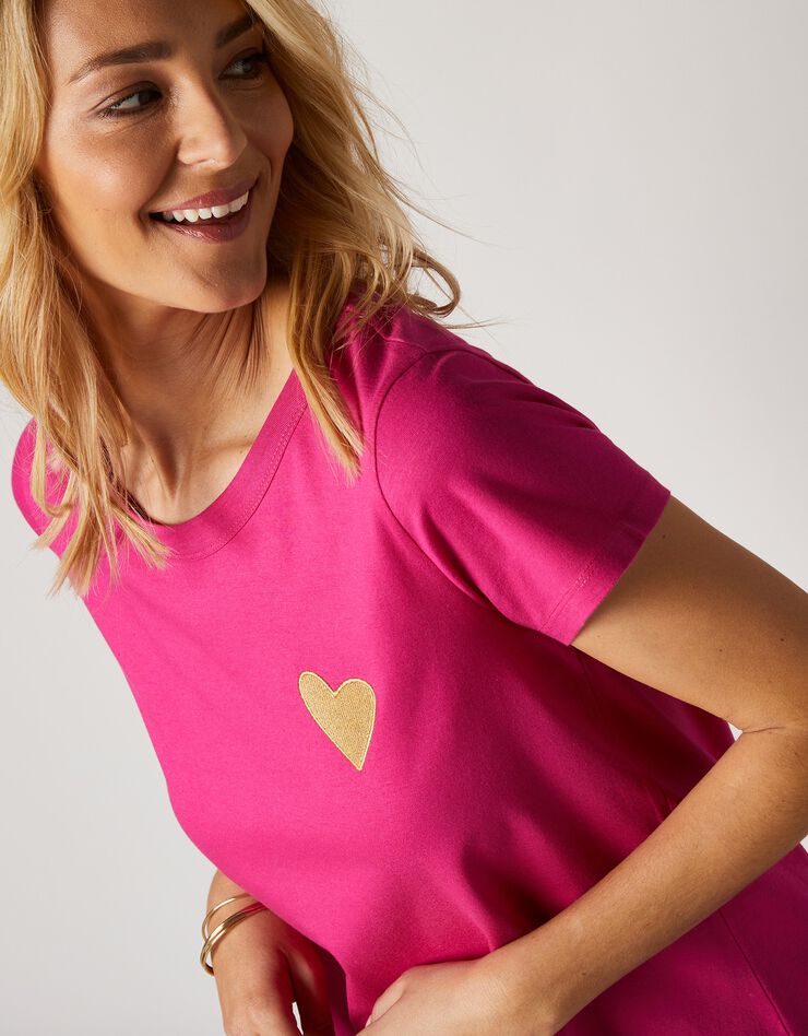 Tee-shirt uni broderie coeur manches courtes (rose)