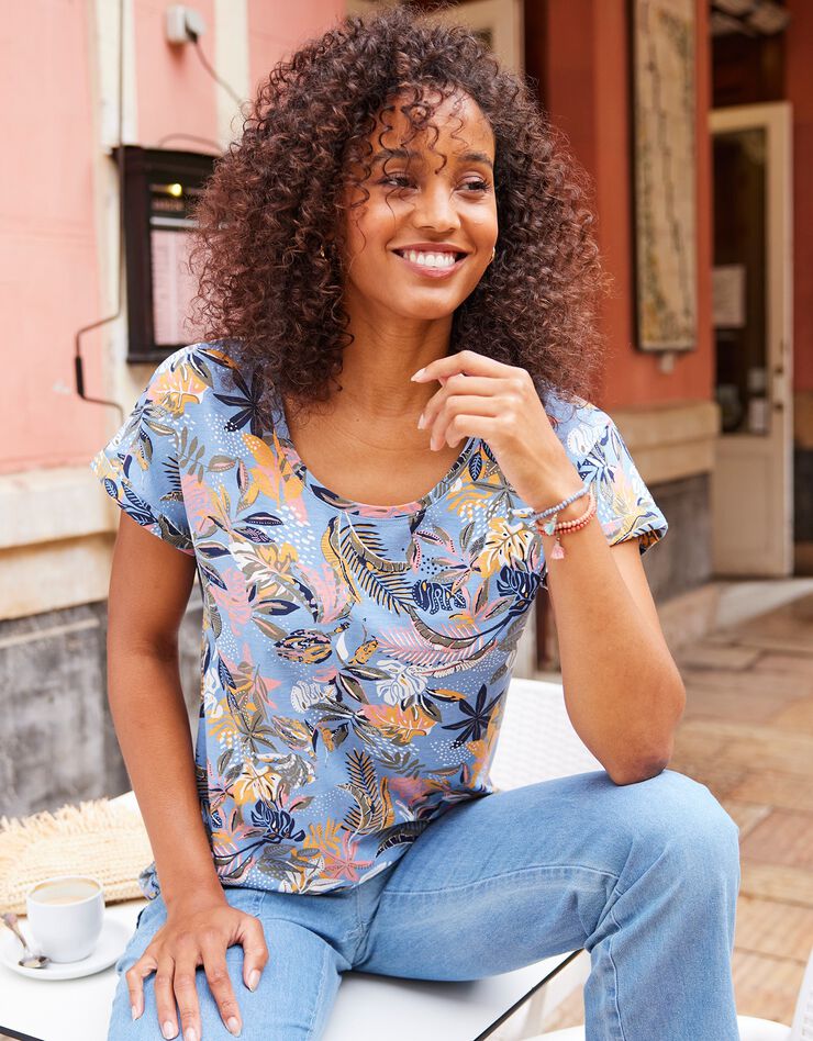 Tee-shirt imprimé manches courtes jungle multicolore (bleu grisé)