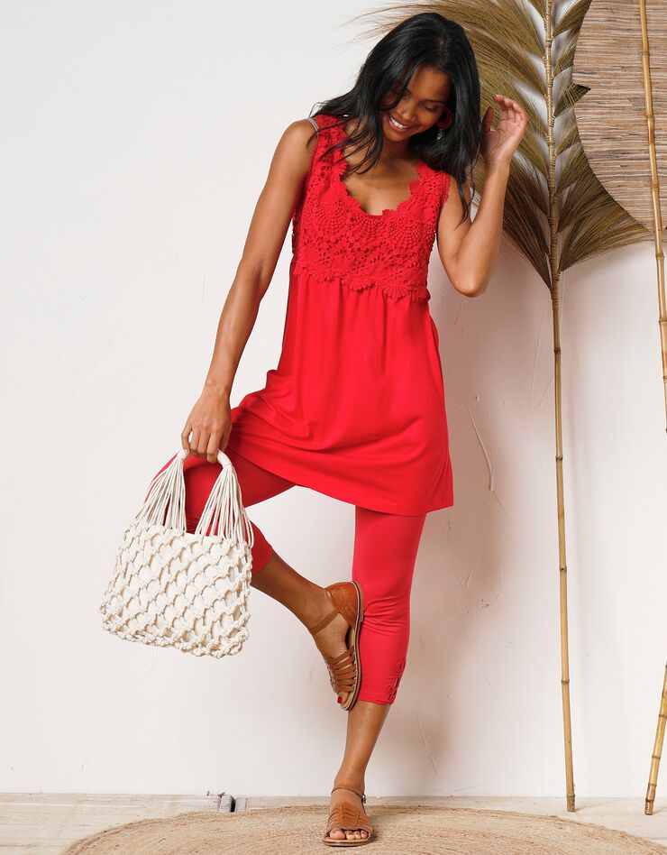 Legging 3/4 macramé, taille élastiquée (framboise)