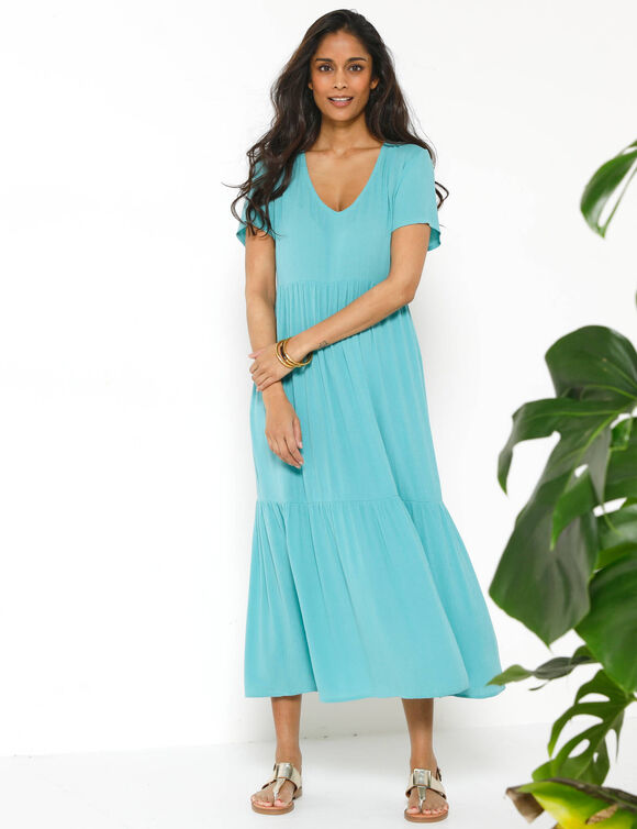 Robe col V longue unie, cr&eacute;pon (turquoise)