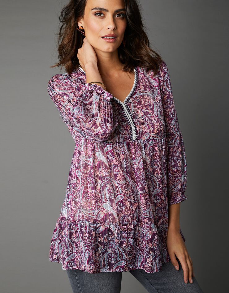 Blouse en voile de satin imprimé, rayures argentées, manches 3/4 (bordeaux) Blouse en voile de satin imprimé, rayures argentées, manches 3/4 (bordeaux)