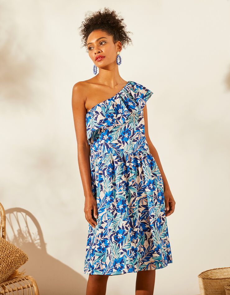 Robe imprimée, one shoulder (beige / bleu) Robe imprimée, one shoulder (beige / bleu)