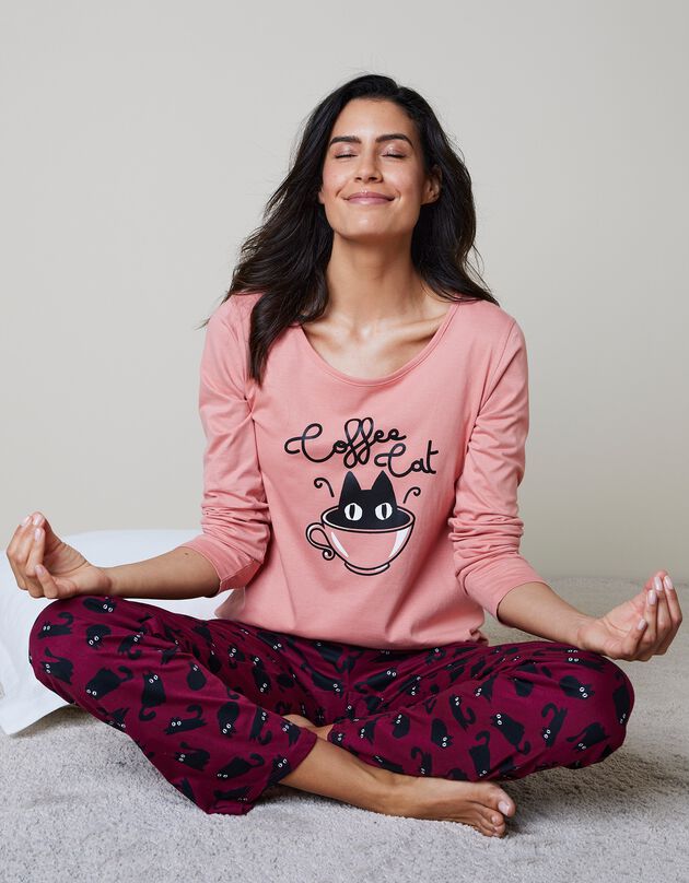 Pyjama imprimé "Coffee Cat" - coton (bordeaux / rose)