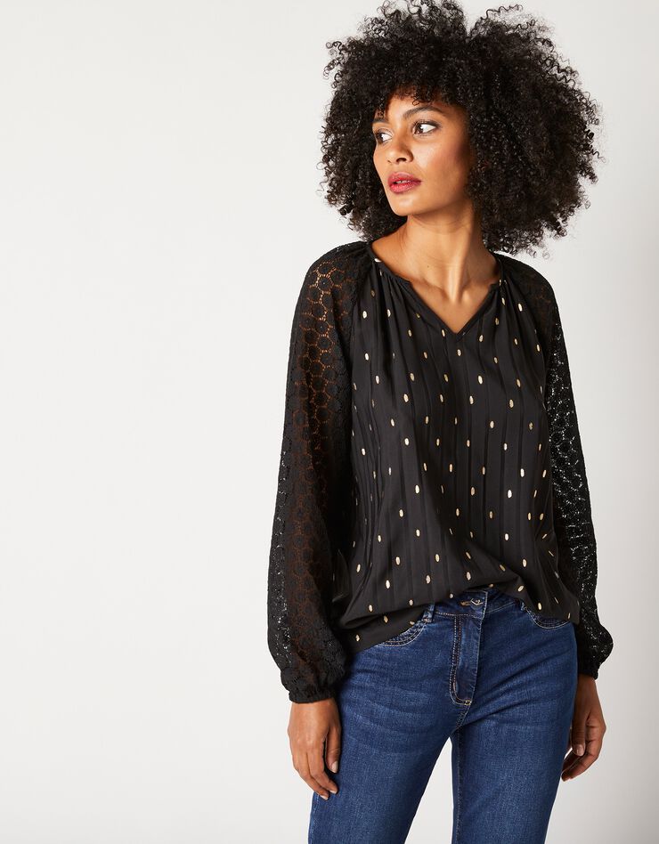 Blouse imprimée manches dentelle (noir / doré) Blouse imprimée manches dentelle (noir / doré)
