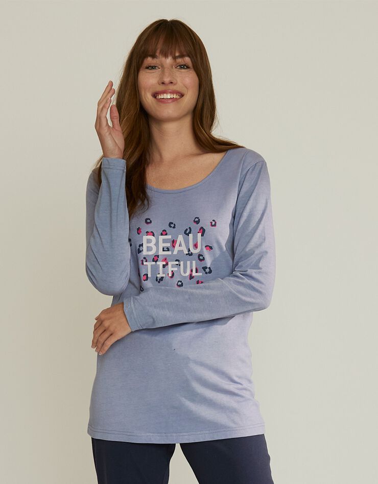 Tee-shirt manches longues coton uni imprimé placé "Beautiful"  (bleu)