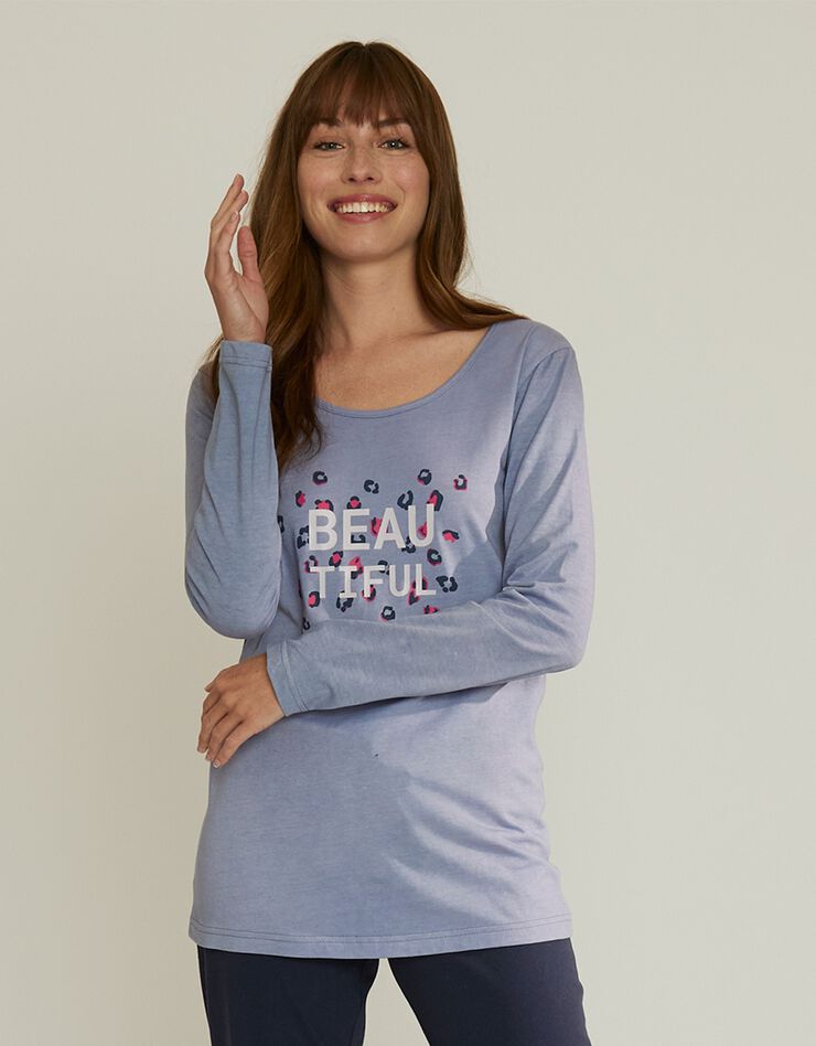 Tee-shirt manches longues coton uni imprimé placé "Beautiful" (bleu) Tee-shirt manches longues coton uni imprimé placé "Beautiful" (bleu)