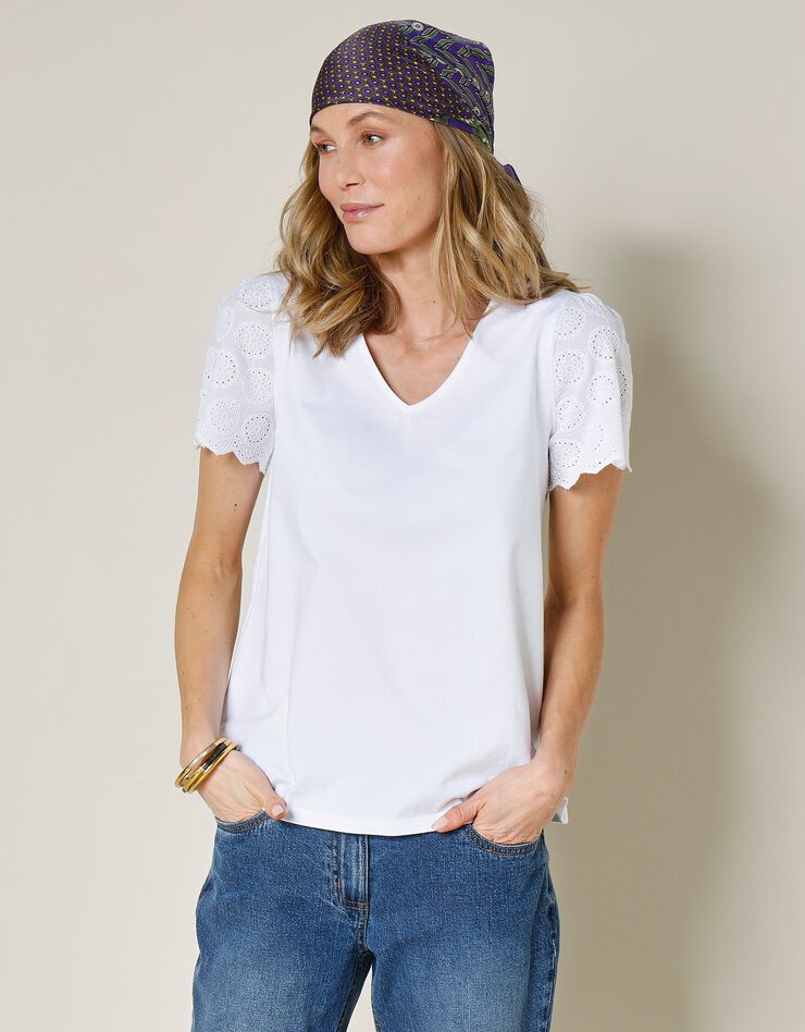 Tee-shirt col V, manches courtes broderie anglaise (blanc)